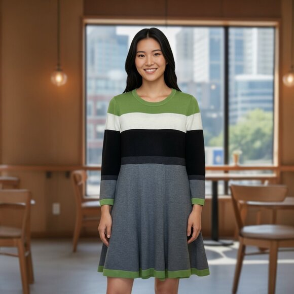 HI Knit Colorblock Sweater Dress – Green, Gray & Black | Size M | JC Penney - Picture 1 of 6